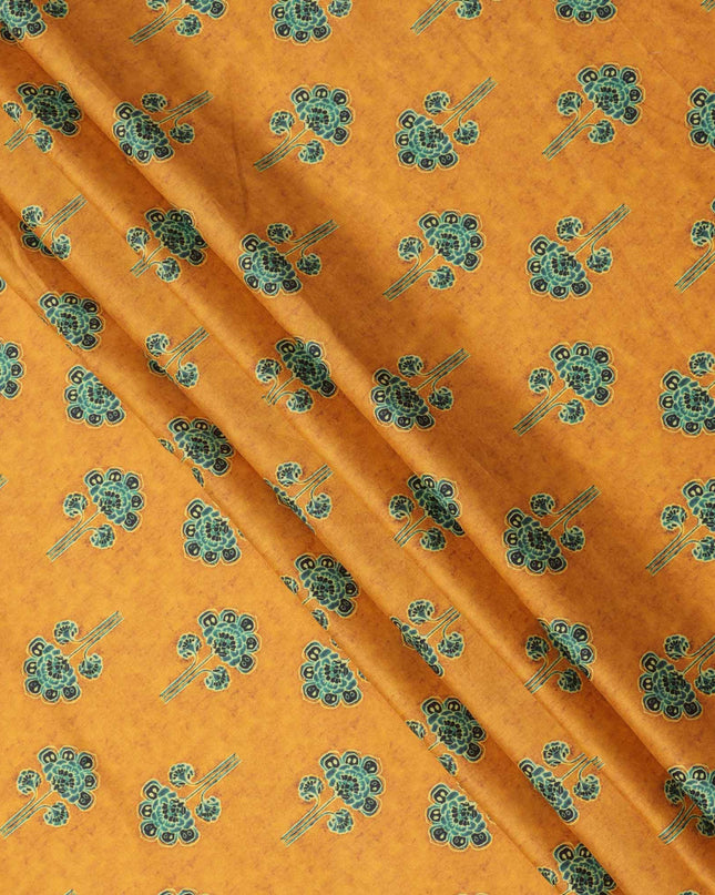 Mustard Yellow with Green Floral Buti Printed Cotton Lawn Fabric, 110 Cms Width, Made in India-D23543