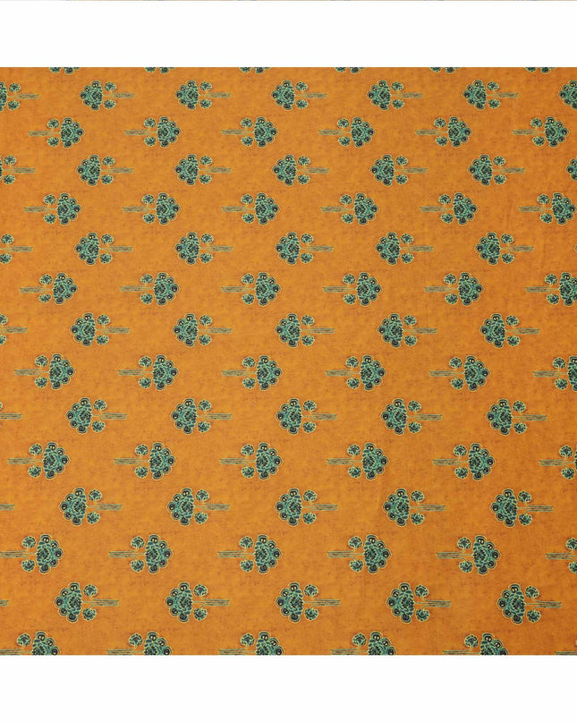 Mustard Yellow with Green Floral Buti Printed Cotton Lawn Fabric, 110 Cms Width, Made in India-D23543