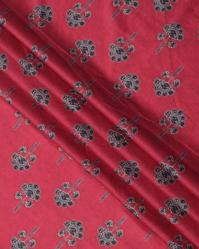 Ruby Pink with Black Floral Buti Printed Cotton Lawn Fabric, 110 Cms Width, Made in India-D23545