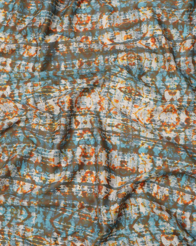 Multicolor Abstract Tie-Dye Printed Cotton Lawn Fabric in Brown, Blue & Orange Tones, 110 Cms Width, Made in India-D23546
