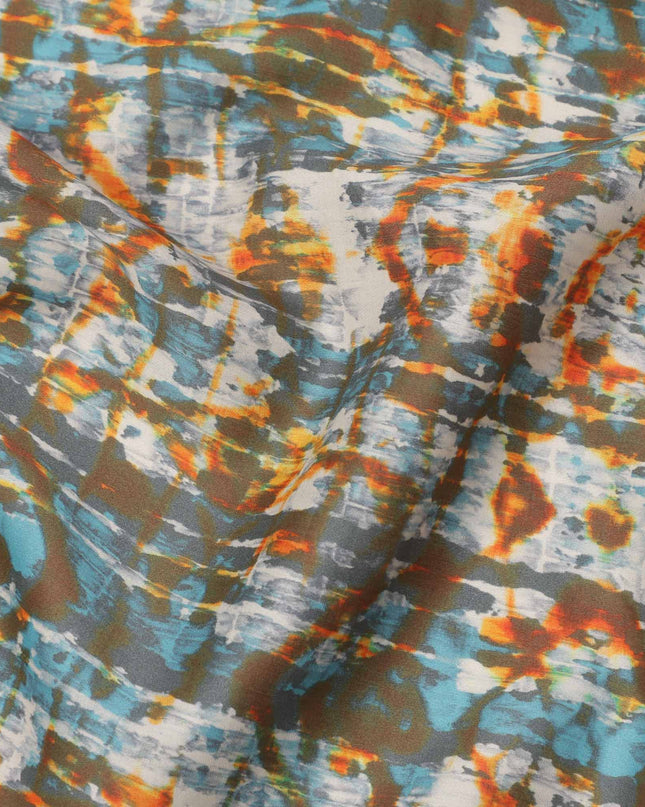 Multicolor Abstract Tie-Dye Printed Cotton Lawn Fabric in Brown, Blue & Orange Tones, 110 Cms Width, Made in India-D23546