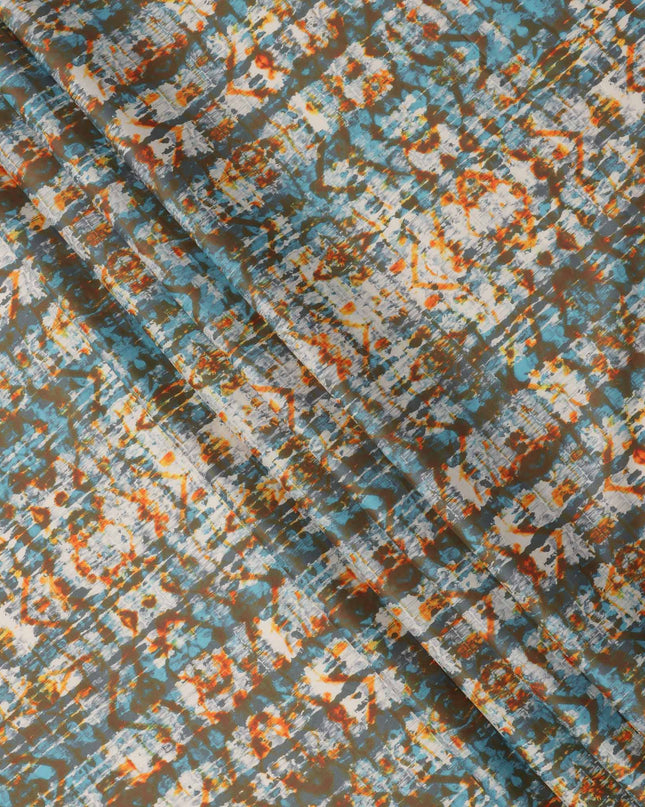 Multicolor Abstract Tie-Dye Printed Cotton Lawn Fabric in Brown, Blue & Orange Tones, 110 Cms Width, Made in India-D23546