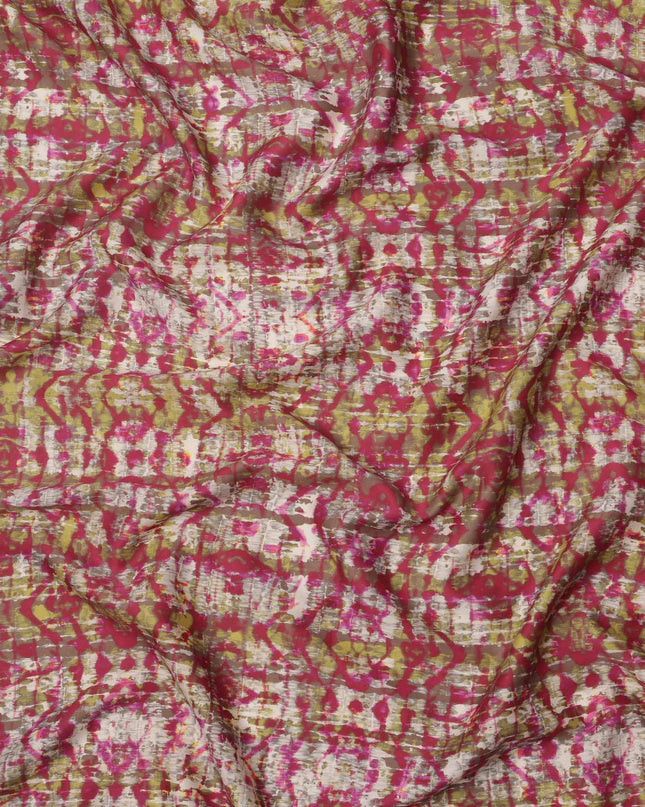 Magenta and Olive Green Abstract Tie-Dye Printed Cotton Lawn Fabric, 110 Cms Width, Made in India-D23547