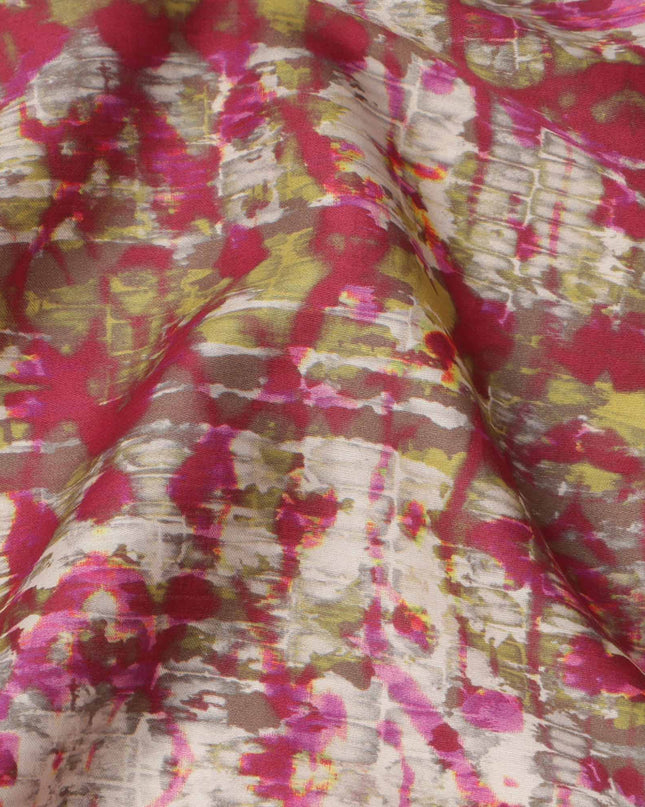 Magenta and Olive Green Abstract Tie-Dye Printed Cotton Lawn Fabric, 110 Cms Width, Made in India-D23547