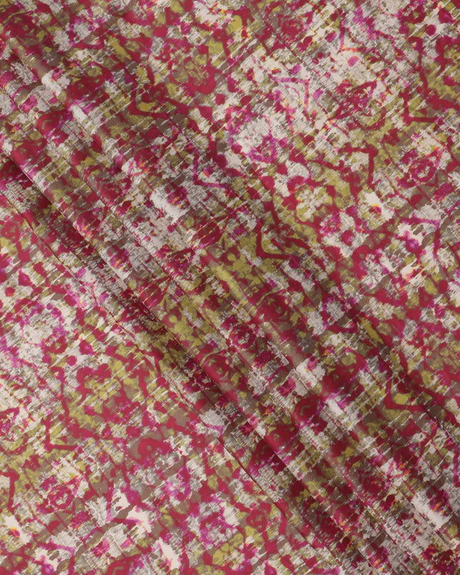 Magenta and Olive Green Abstract Tie-Dye Printed Cotton Lawn Fabric, 110 Cms Width, Made in India-D23547
