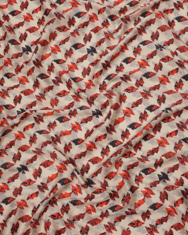 Beige with Red and Black Abstract Leaf Printed Cotton Lawn Fabric, 110 Cms Width, Made in India-D23549