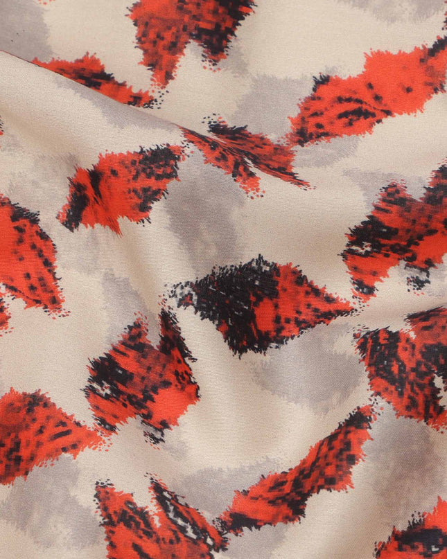 Beige with Red and Black Abstract Leaf Printed Cotton Lawn Fabric, 110 Cms Width, Made in India-D23549