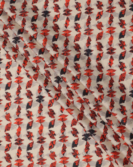 قماش قطني مطبوع عليه أوراق تجريدية باللونين البيج والأحمر والأسود، عرض 110 سم، صنع في الهند - D23549