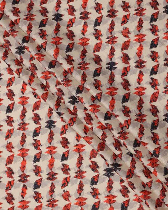 Beige with Red and Black Abstract Leaf Printed Cotton Lawn Fabric, 110 Cms Width, Made in India-D23549