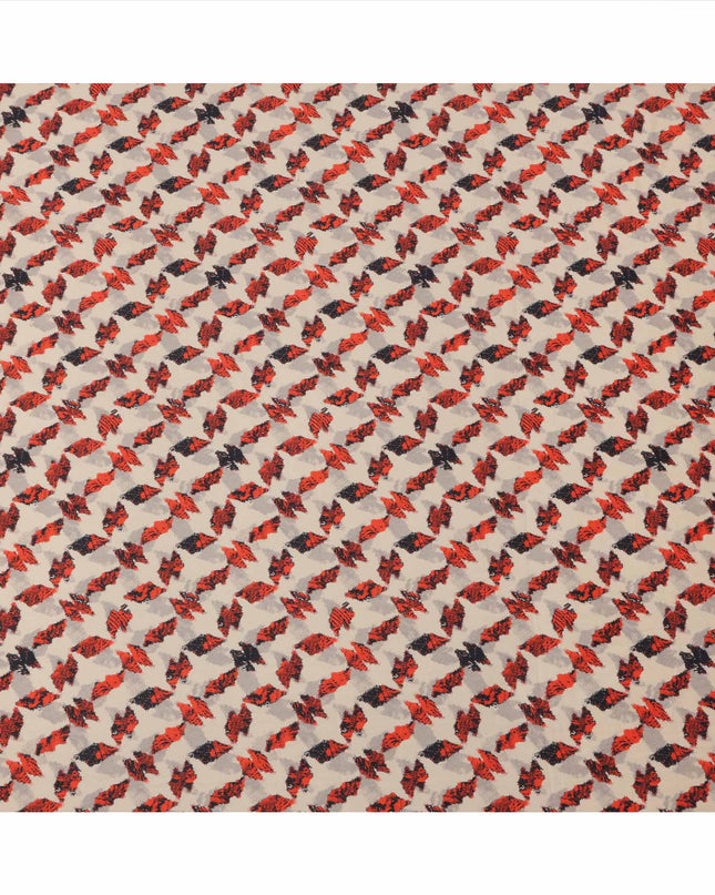 Beige with Red and Black Abstract Leaf Printed Cotton Lawn Fabric, 110 Cms Width, Made in India-D23549