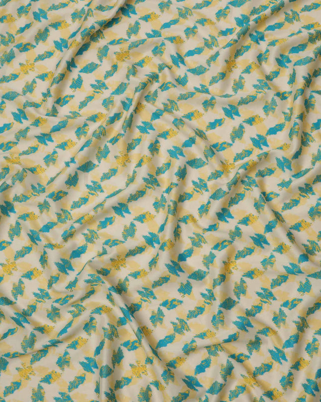 Off-White with Yellow and Teal Abstract Leaf Printed Cotton Lawn Fabric, 110 Cms Width, Made in India-D23550