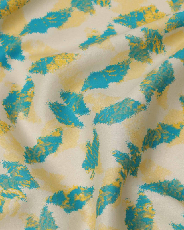 Off-White with Yellow and Teal Abstract Leaf Printed Cotton Lawn Fabric, 110 Cms Width, Made in India-D23550