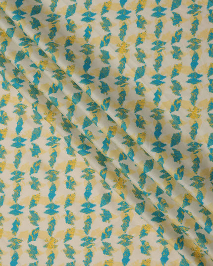 قماش قطني مطبوع عليه أوراق تجريدية باللونين الأبيض العاجي والأصفر والأزرق المخضر، عرض 110 سم، صنع في الهند - D23550