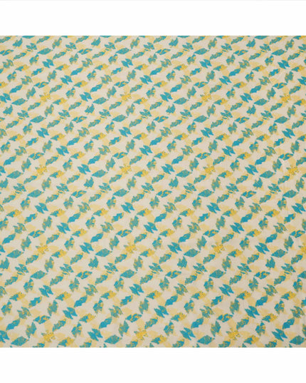 قماش قطني مطبوع عليه أوراق تجريدية باللونين الأبيض العاجي والأصفر والأزرق المخضر، عرض 110 سم، صنع في الهند - D23550