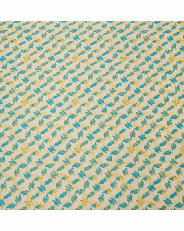 Off-White with Yellow and Teal Abstract Leaf Printed Cotton Lawn Fabric, 110 Cms Width, Made in India-D23550