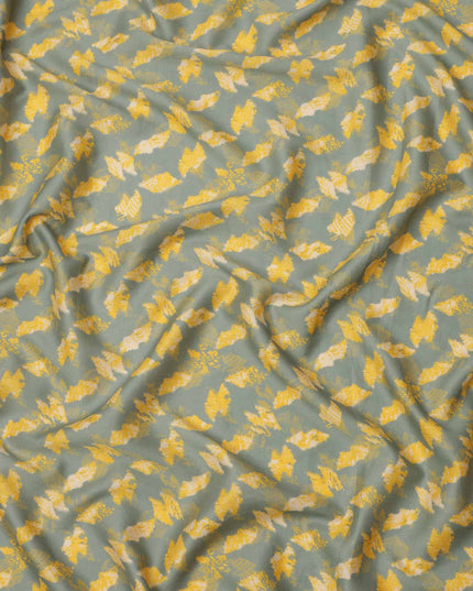 Sage Green with Yellow and Beige Abstract Leaf Printed Cotton Lawn Fabric, 110 Cms Width, Made in India-D23551