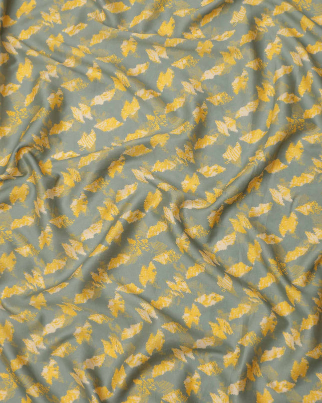 Sage Green with Yellow and Beige Abstract Leaf Printed Cotton Lawn Fabric, 110 Cms Width, Made in India-D23551