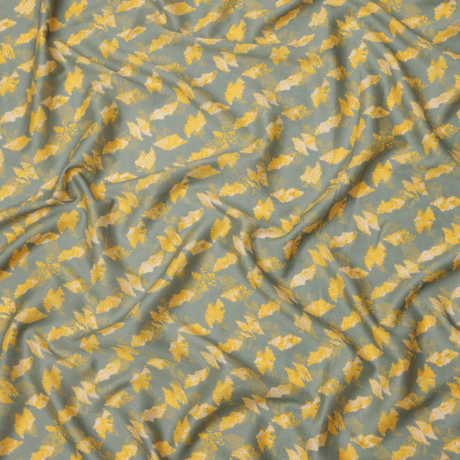 Sage Green with Yellow and Beige Abstract Leaf Printed Cotton Lawn Fabric, 110 Cms Width, Made in India-D23551