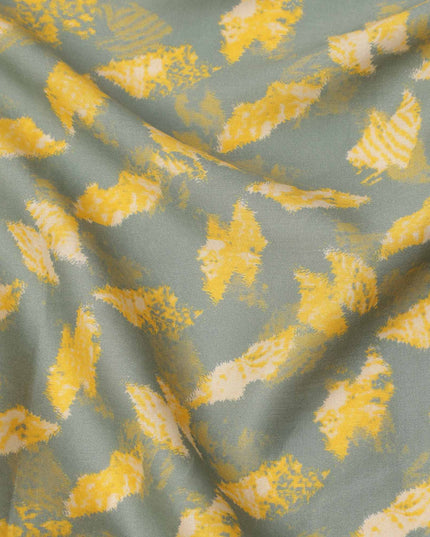 Sage Green with Yellow and Beige Abstract Leaf Printed Cotton Lawn Fabric, 110 Cms Width, Made in India-D23551