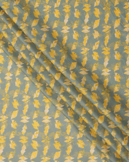Sage Green with Yellow and Beige Abstract Leaf Printed Cotton Lawn Fabric, 110 Cms Width, Made in India-D23551