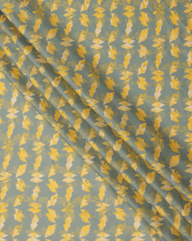 Sage Green with Yellow and Beige Abstract Leaf Printed Cotton Lawn Fabric, 110 Cms Width, Made in India-D23551