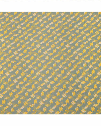 Sage Green with Yellow and Beige Abstract Leaf Printed Cotton Lawn Fabric, 110 Cms Width, Made in India-D23551