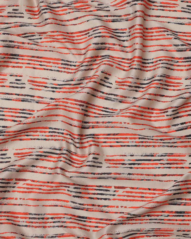 Beige with Red and Black Brushstroke Stripe Printed Cotton Lawn Fabric, 110 Cms Width, Made in India-D23552