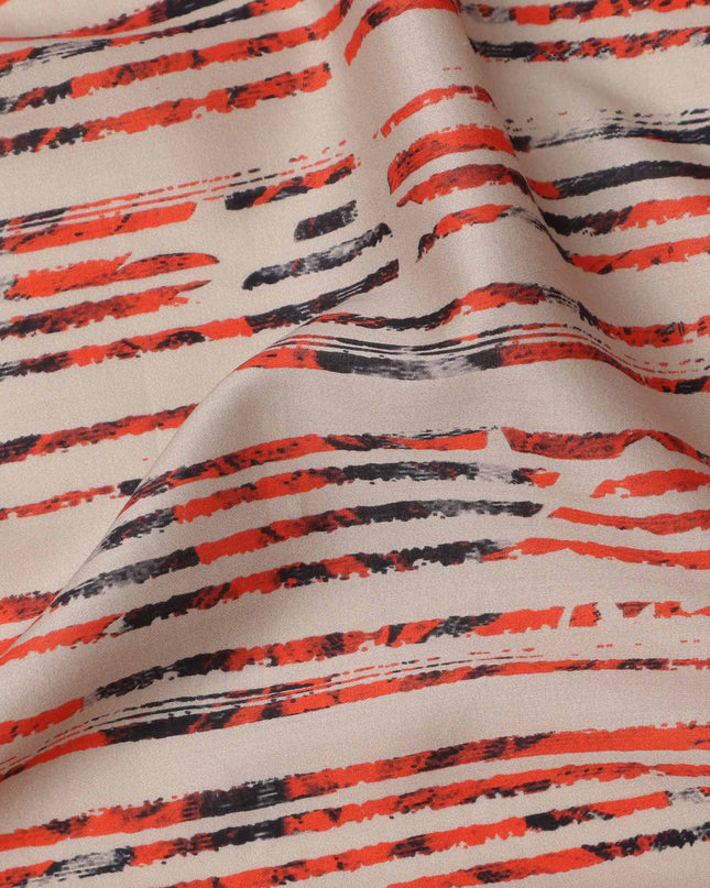 Beige with Red and Black Brushstroke Stripe Printed Cotton Lawn Fabric, 110 Cms Width, Made in India-D23552