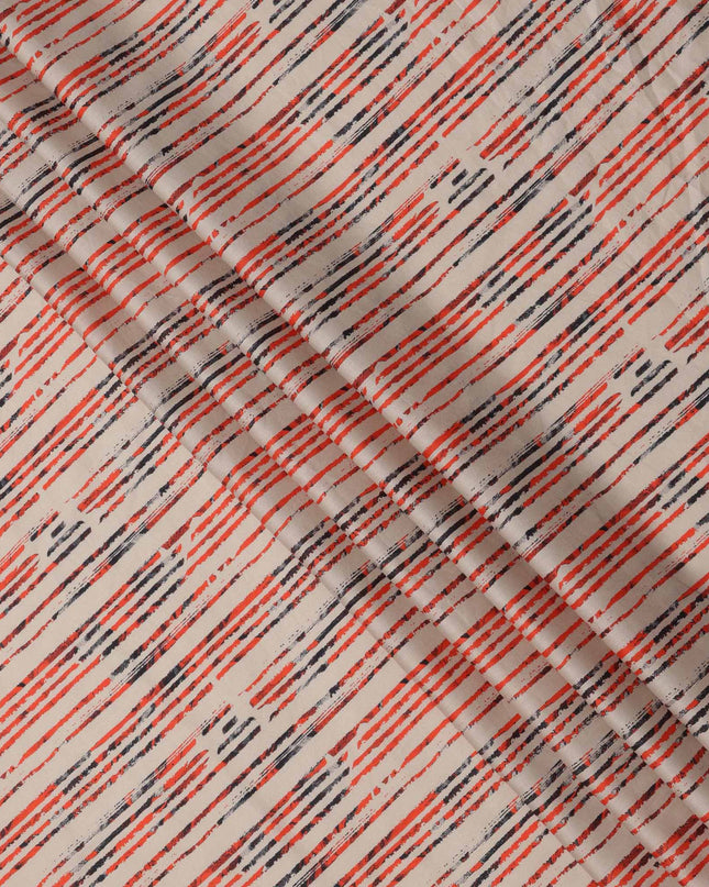 Beige with Red and Black Brushstroke Stripe Printed Cotton Lawn Fabric, 110 Cms Width, Made in India-D23552