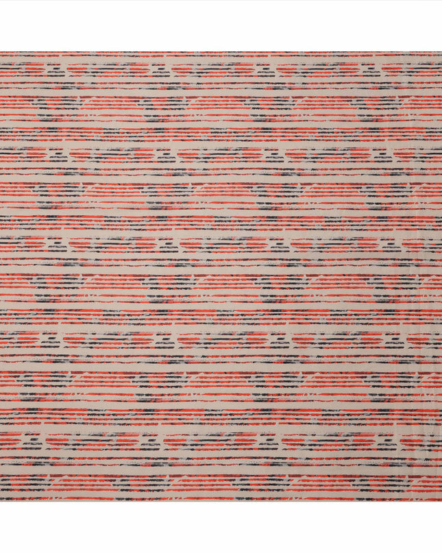 Beige with Red and Black Brushstroke Stripe Printed Cotton Lawn Fabric, 110 Cms Width, Made in India-D23552