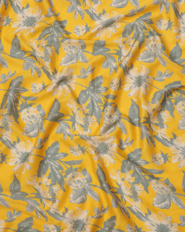 Yellow with Grey and White Oversized Floral Printed Cotton Lawn Fabric, 110 Cms Width, Made in India-D23555