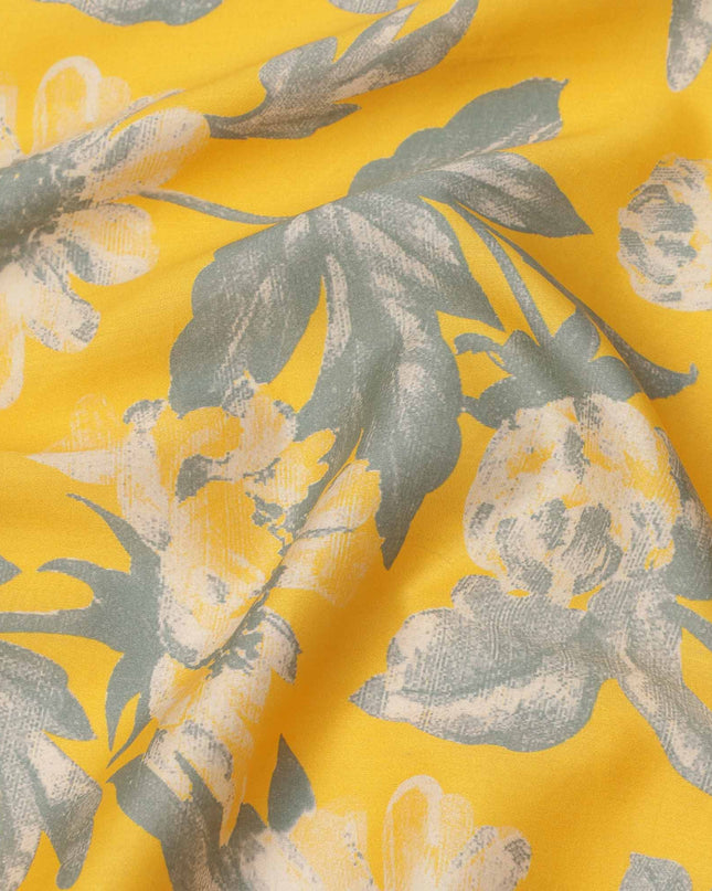 Yellow with Grey and White Oversized Floral Printed Cotton Lawn Fabric, 110 Cms Width, Made in India-D23555