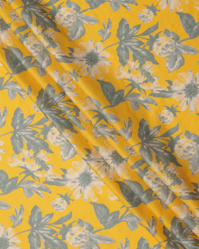 Yellow with Grey and White Oversized Floral Printed Cotton Lawn Fabric, 110 Cms Width, Made in India-D23555