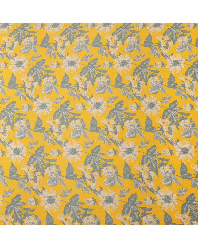 Yellow with Grey and White Oversized Floral Printed Cotton Lawn Fabric, 110 Cms Width, Made in India-D23555