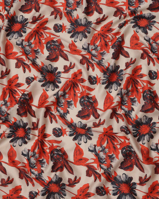Beige with Red and Black Bold Floral Printed Cotton Lawn Fabric, 110 Cms Width, Made in India-D23556