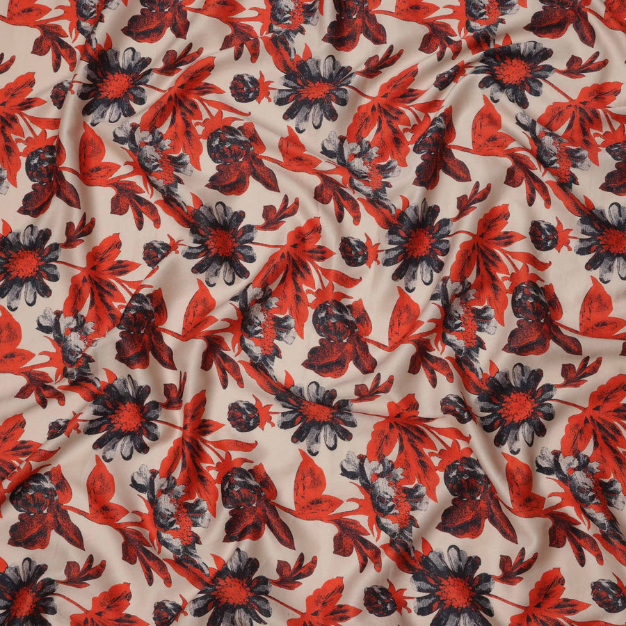 قماش قطني مطبوع عليه زهور جريئة باللون البيج مع الأحمر والأسود، عرض 110 سم، صنع في الهند - D23556