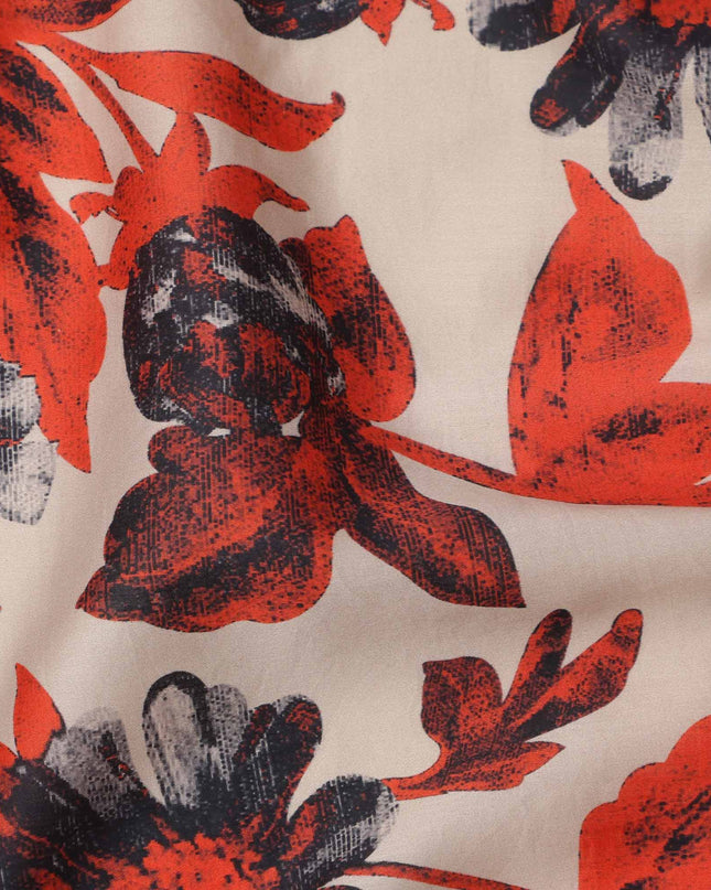 Beige with Red and Black Bold Floral Printed Cotton Lawn Fabric, 110 Cms Width, Made in India-D23556