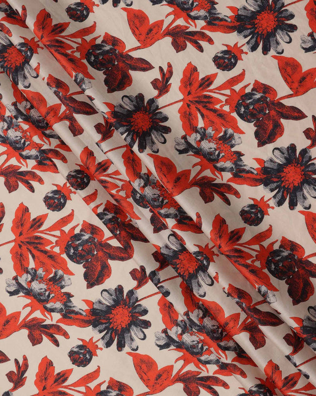 Beige with Red and Black Bold Floral Printed Cotton Lawn Fabric, 110 Cms Width, Made in India-D23556