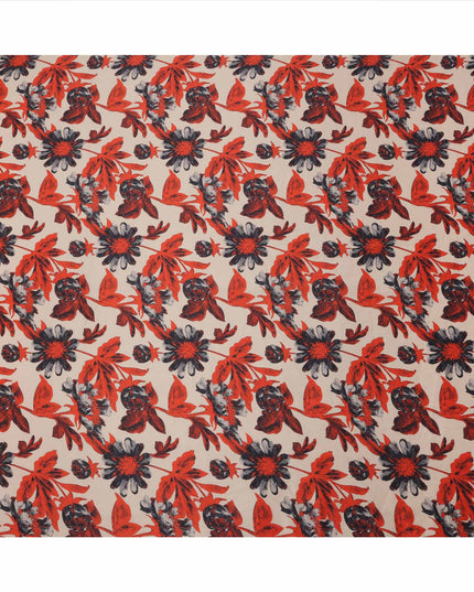 قماش قطني مطبوع عليه زهور جريئة باللون البيج مع الأحمر والأسود، عرض 110 سم، صنع في الهند - D23556