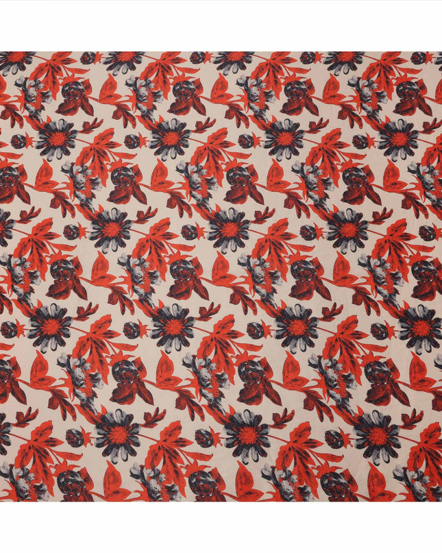 Beige with Red and Black Bold Floral Printed Cotton Lawn Fabric, 110 Cms Width, Made in India-D23556