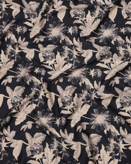 Black with Beige Monochrome Floral Printed Cotton Lawn Fabric, 110 Cms Width, Made in India-D23557