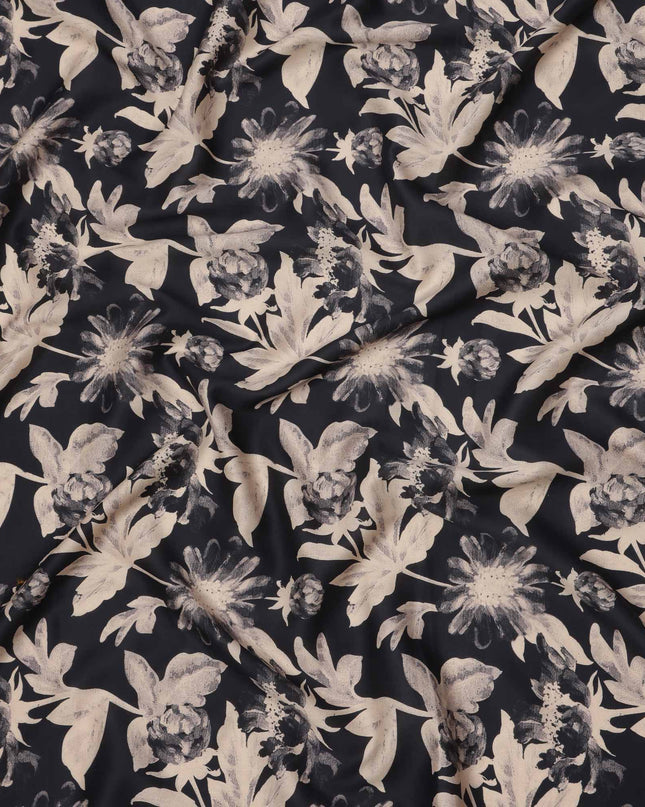 Black with Beige Monochrome Floral Printed Cotton Lawn Fabric, 110 Cms Width, Made in India-D23557