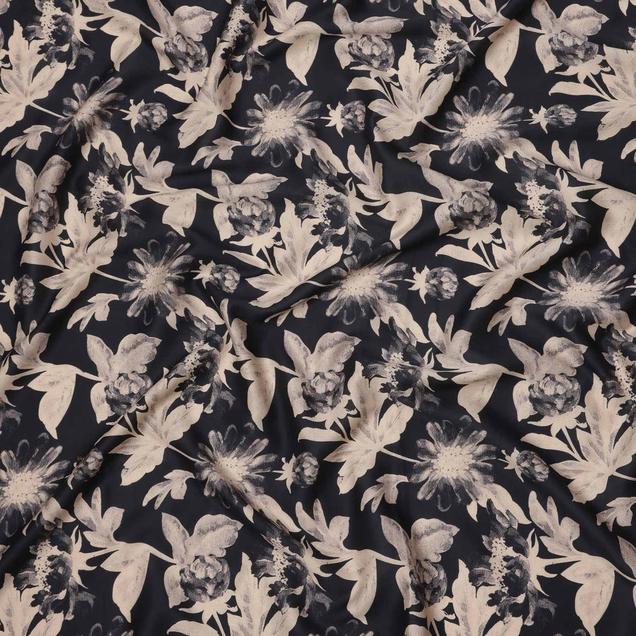 Black with Beige Monochrome Floral Printed Cotton Lawn Fabric, 110 Cms Width, Made in India-D23557