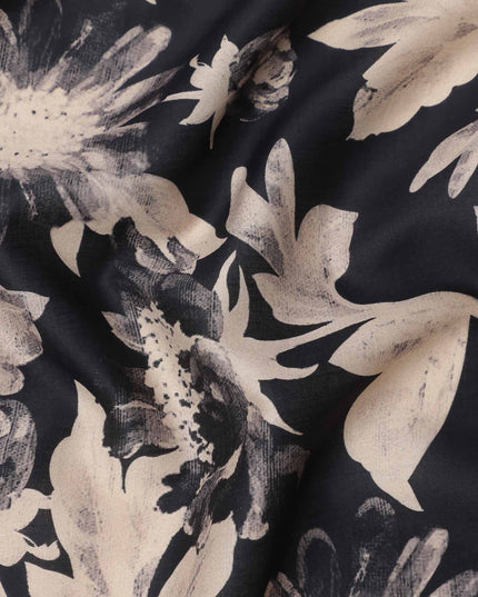 Black with Beige Monochrome Floral Printed Cotton Lawn Fabric, 110 Cms Width, Made in India-D23557
