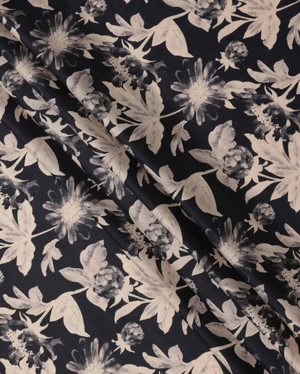 Black with Beige Monochrome Floral Printed Cotton Lawn Fabric, 110 Cms Width, Made in India-D23557