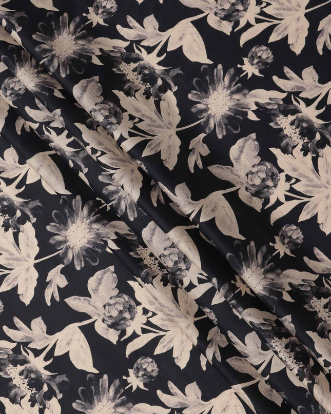 Black with Beige Monochrome Floral Printed Cotton Lawn Fabric, 110 Cms Width, Made in India-D23557
