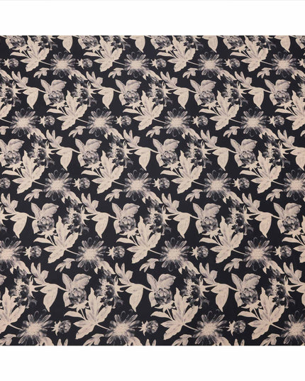 Black with Beige Monochrome Floral Printed Cotton Lawn Fabric, 110 Cms Width, Made in India-D23557
