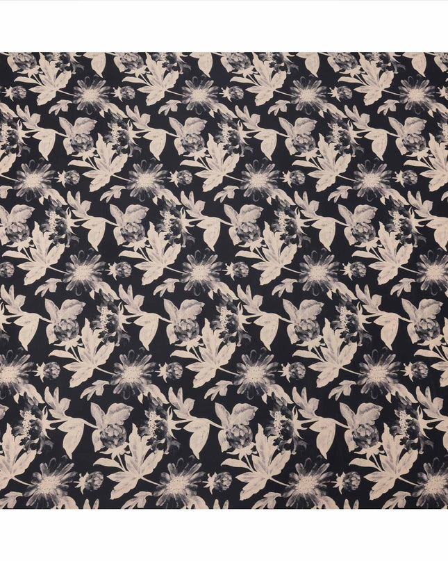 Black with Beige Monochrome Floral Printed Cotton Lawn Fabric, 110 Cms Width, Made in India-D23557