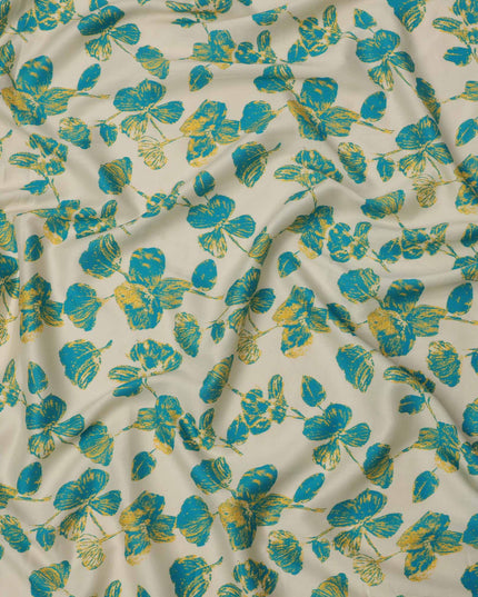 Ivory with Teal and Mustard Leaf Printed Cotton Lawn Fabric, 110 Cms Width, Made in India-D23558