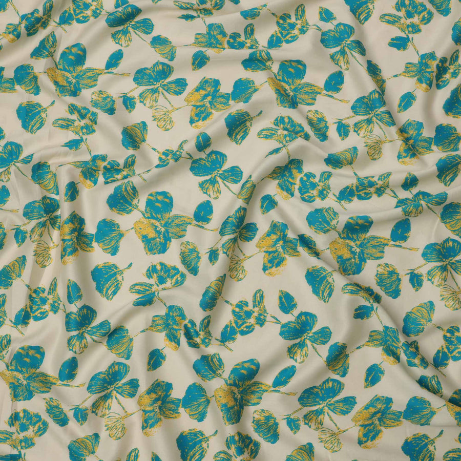 Ivory with Teal and Mustard Leaf Printed Cotton Lawn Fabric, 110 Cms Width, Made in India-D23558